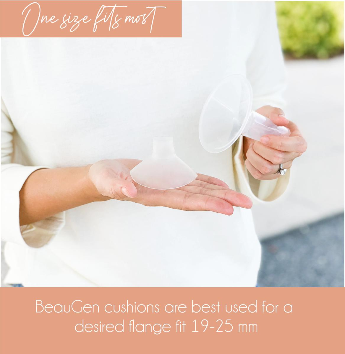 Take the pain out of pumping and get a better flange fit with the Clearly Comfy Cushions from BeauGen. Our Breast Pump Cushions are One Size Fits Mosts meaning you can use them to achieve a desired flange fit of 19 to 25mm.