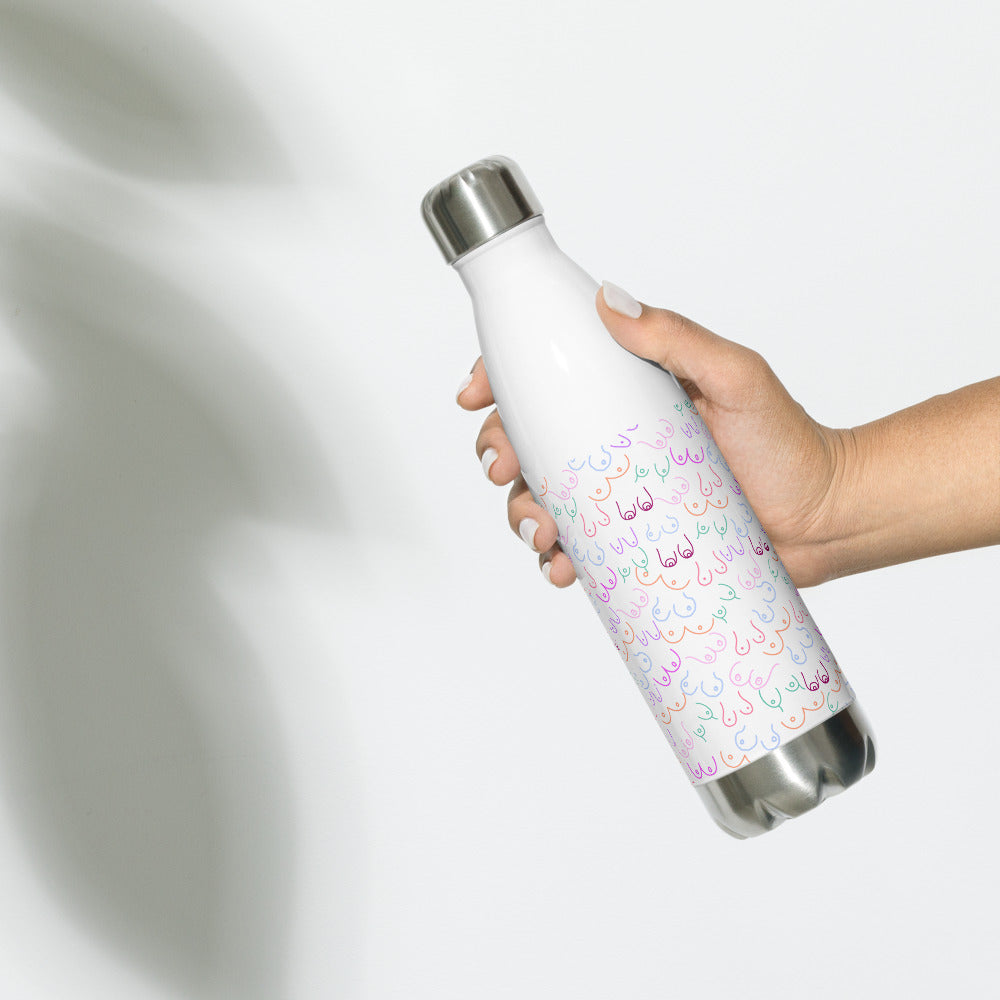Stainless steel is the right water bottle choice for breastfeeding moms, this one is covered in multi-colored breast sketches to make staying hydrated fun.
